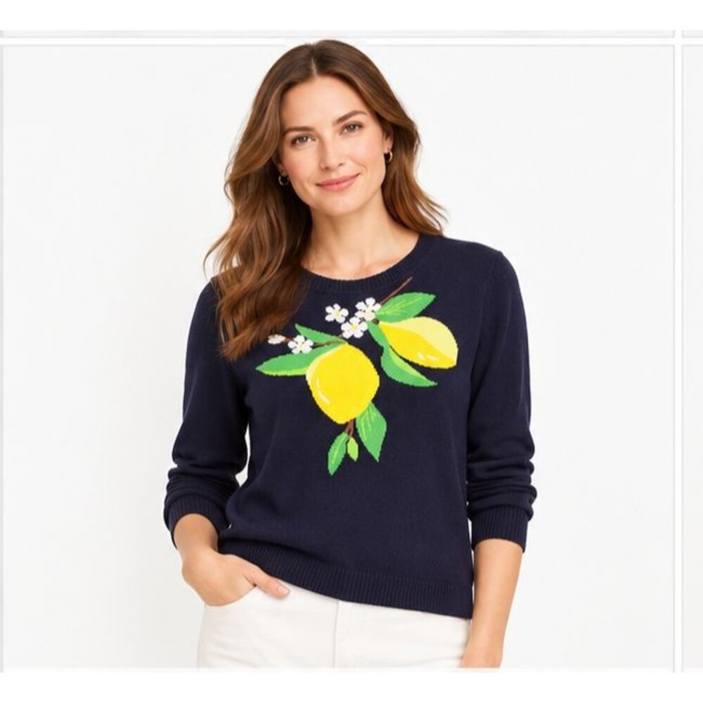 Talbots Women XL Navy Cotton Lemon Intarsia Crewneck Sweater Fruit Botanical